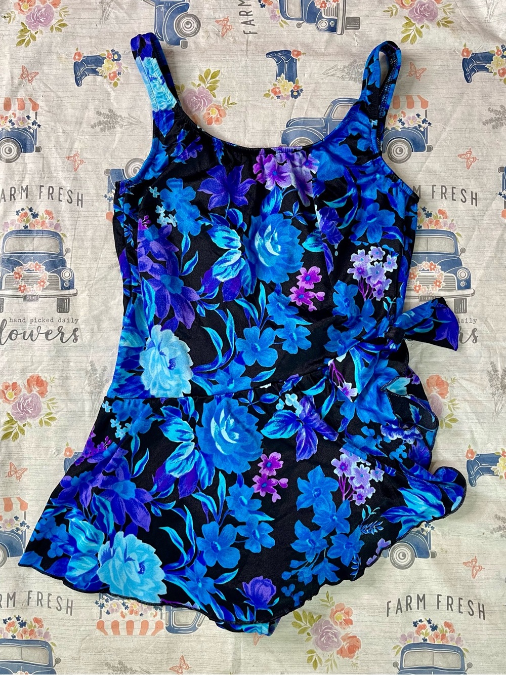 1980s Maxine of Hollywood Made in USA Floral Swim Dress Skirted Swimsuit 18W